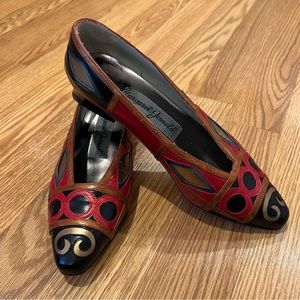 Vintage 80s Margaret Jerrold multicolored geometric Leather low heels/flats 5.5M